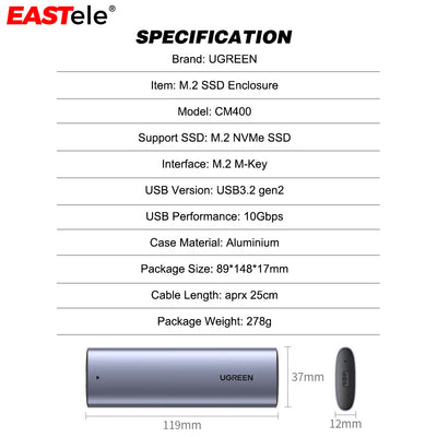 UGREEN M.2 NVMe SSD Enclosure USB3.2 Type-C Mobile Storage Case For Laptop Macbook Pro Air iPhone iPad Android Tablet